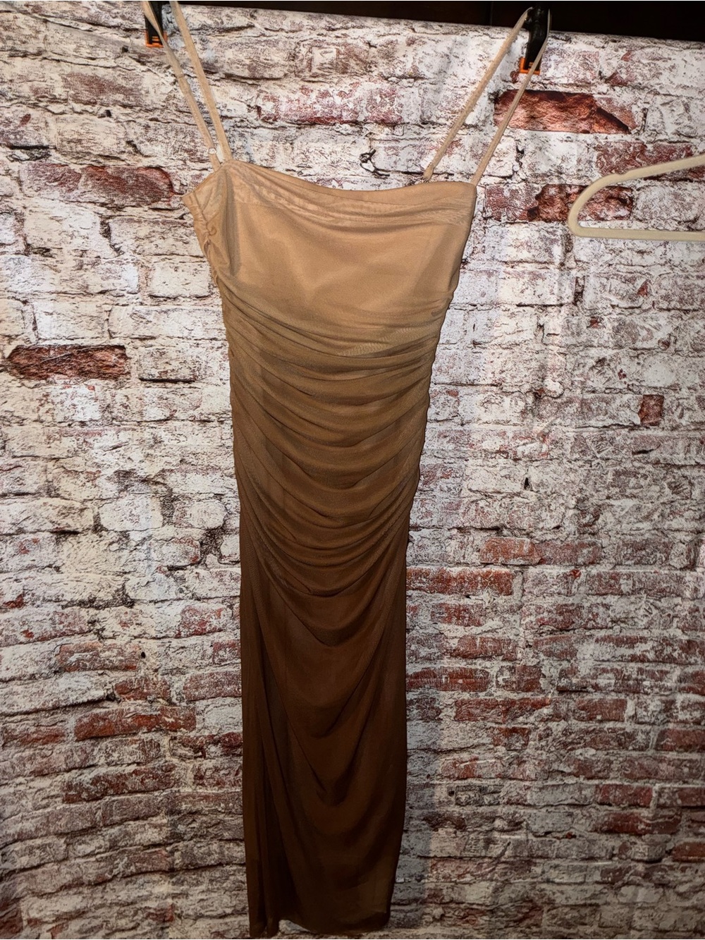 Commense Strapless Ruched Midi Dress in Tan